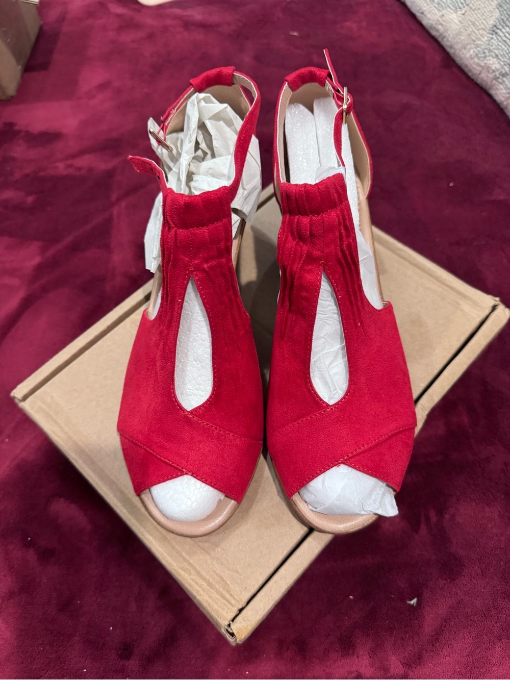 Women’s Red Peep-Toe Wedge Sandals - Comfortable Slingback - Picture 1 of 4